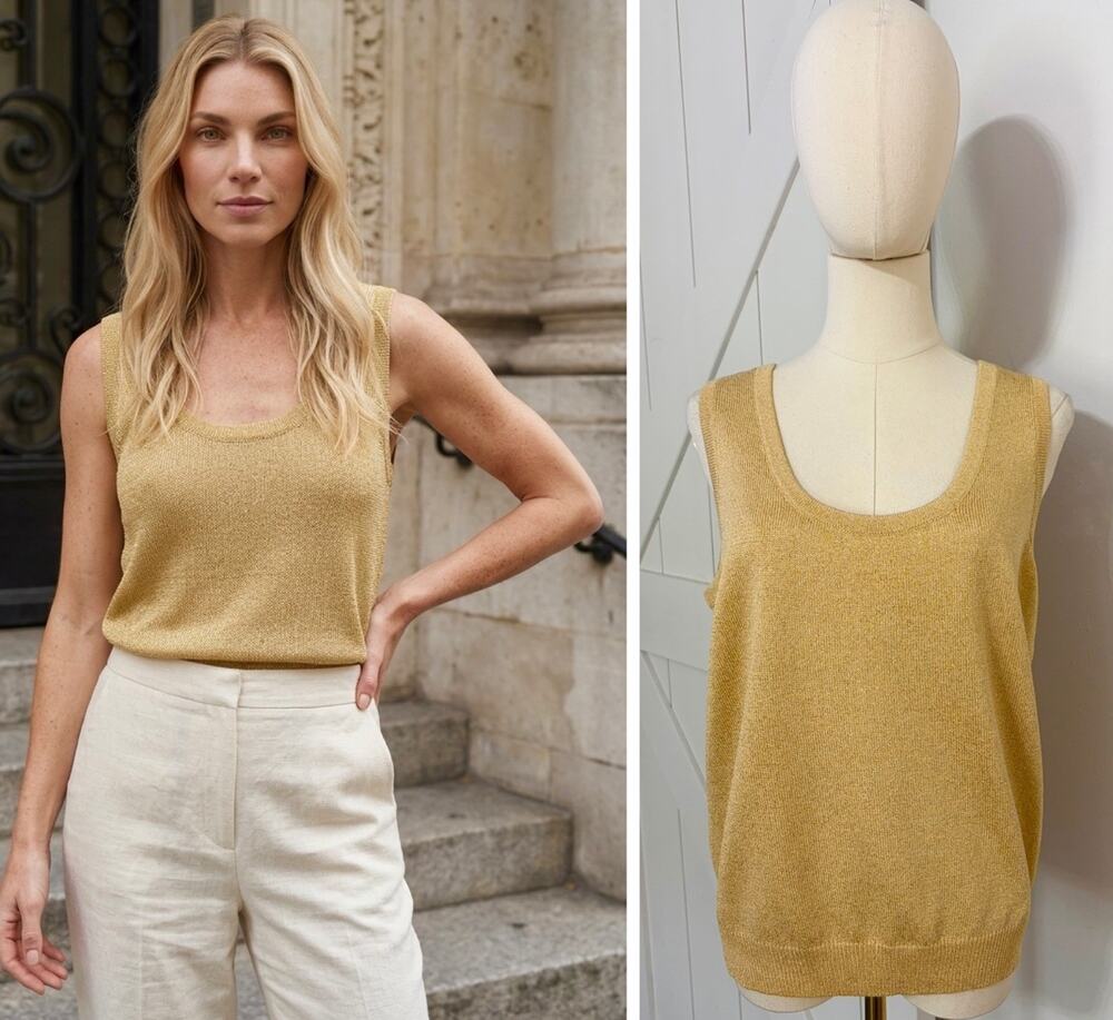 St. John Women’s Size L Santana knit Metallic Gold Shimmer Tank Top